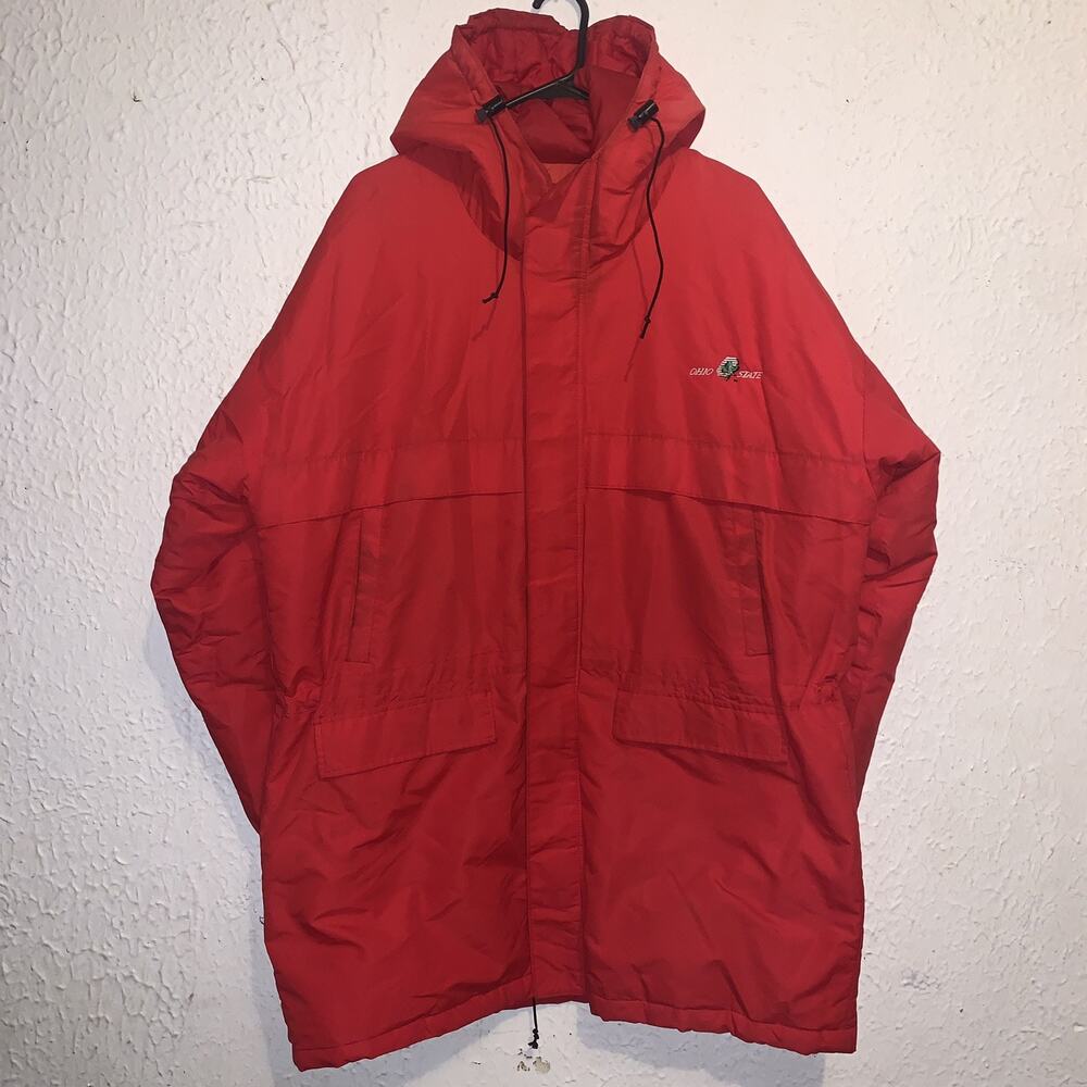 Vintage 80s Ohio State University Buckeyes Chalk Line Hooded Overcoat Jacket L